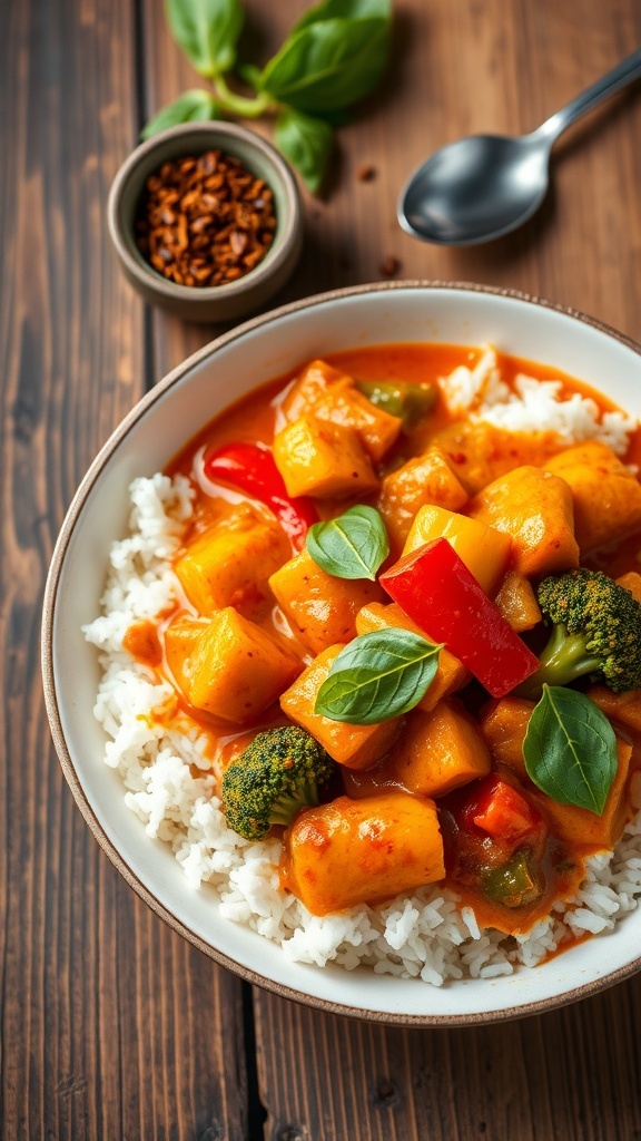 A bowl of spicy red curry with vegetables and rice, garnished with basil, on a rustic table.